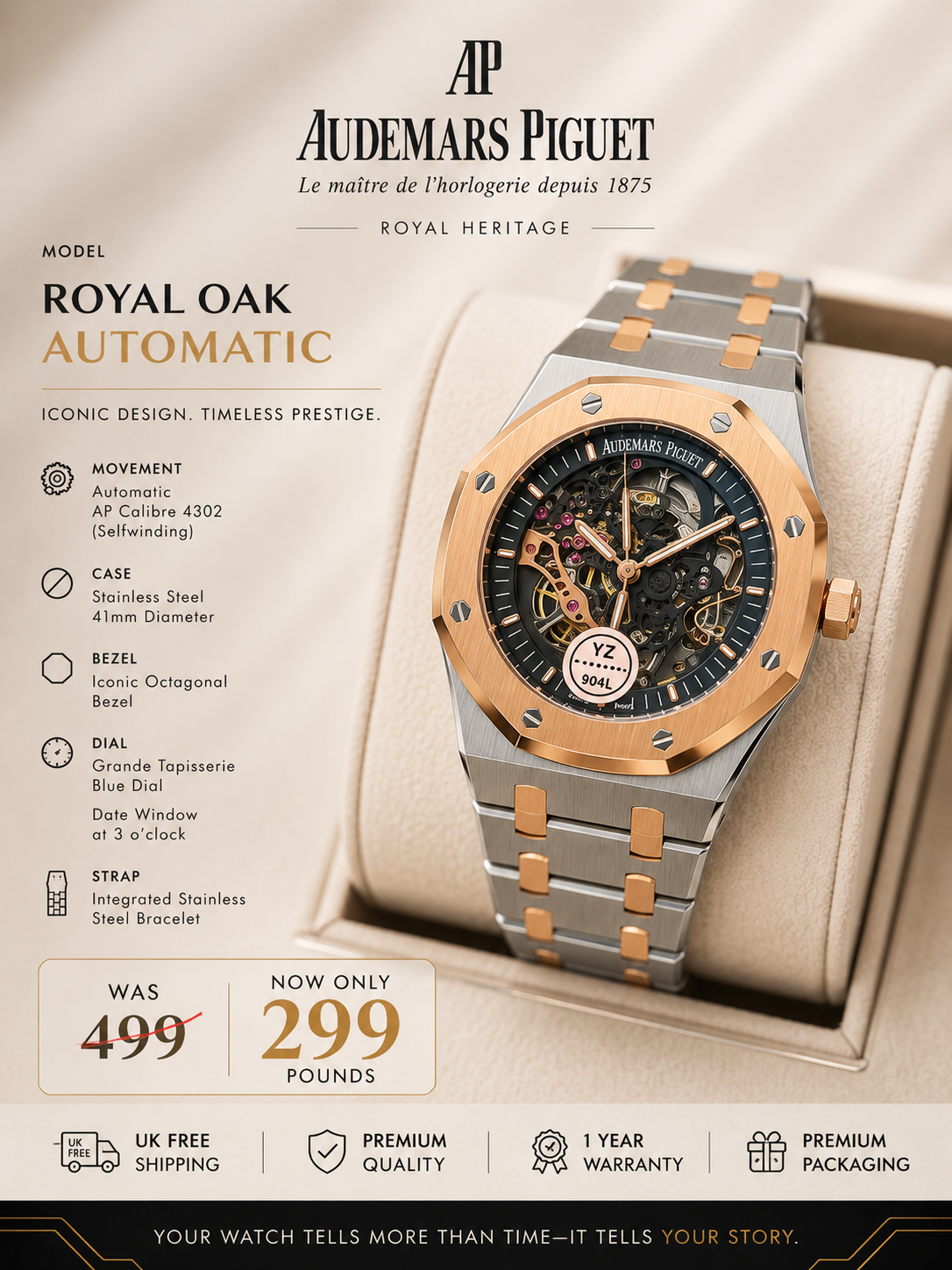 Octagonal Automatic Skeleton Watch – Silver & Rose Gold