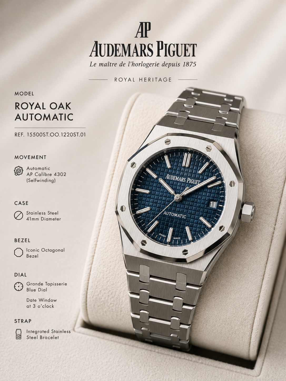 Octagonal Bezel Automatic Steel Sports Watch – Blue Textured Dial | HS Store