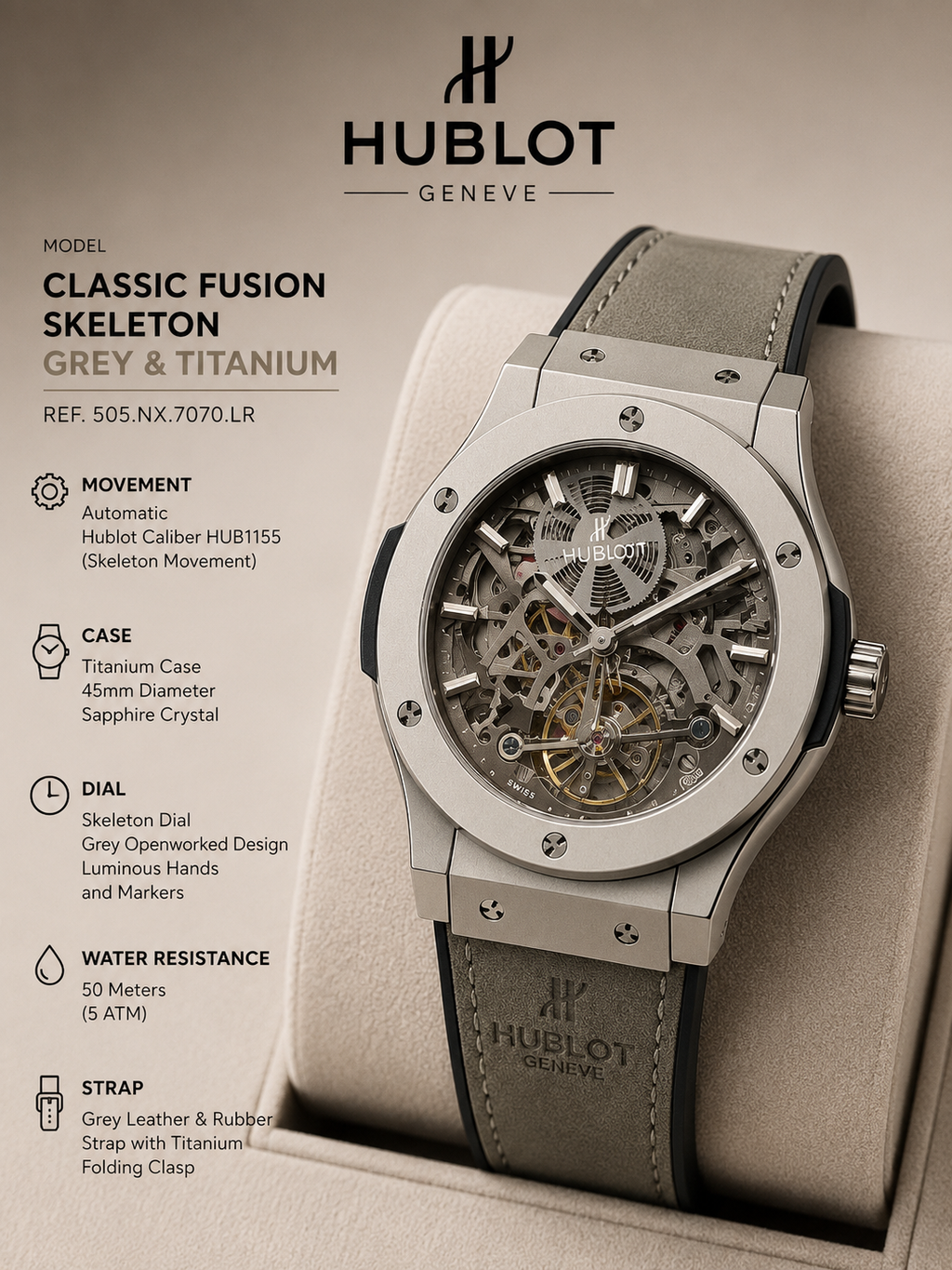 Classic Fusion Skeleton Grey Titanium Grey Leather Strap