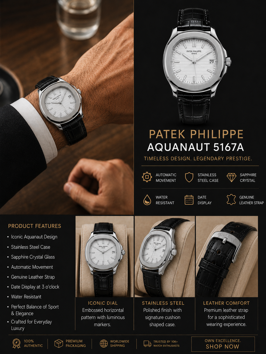 Patek Philippe Nautilus Style Leather Strap Watch HS STORE