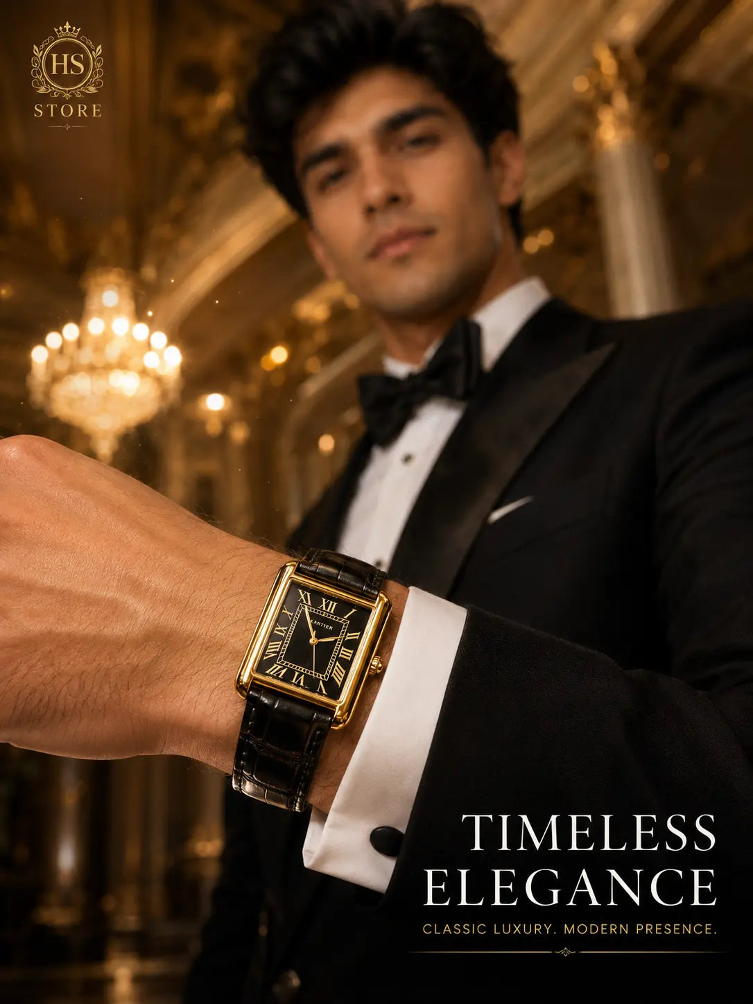 Cartier Luxury Gold Rectangular Black Leather Watch HS STORE