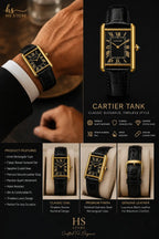 Cartier Luxury Gold Rectangular Black Leather Watch HS STORE