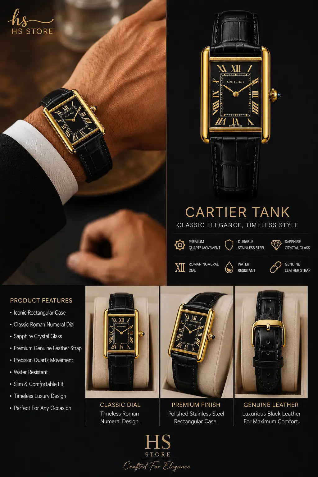 Cartier Luxury Gold Rectangular Black Leather Watch HS STORE