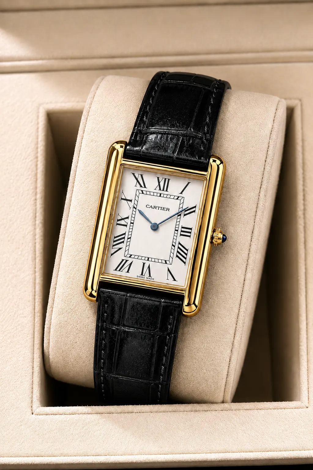 Cartier Luxury Gold Rectangular Black Leather Watch HS STORE