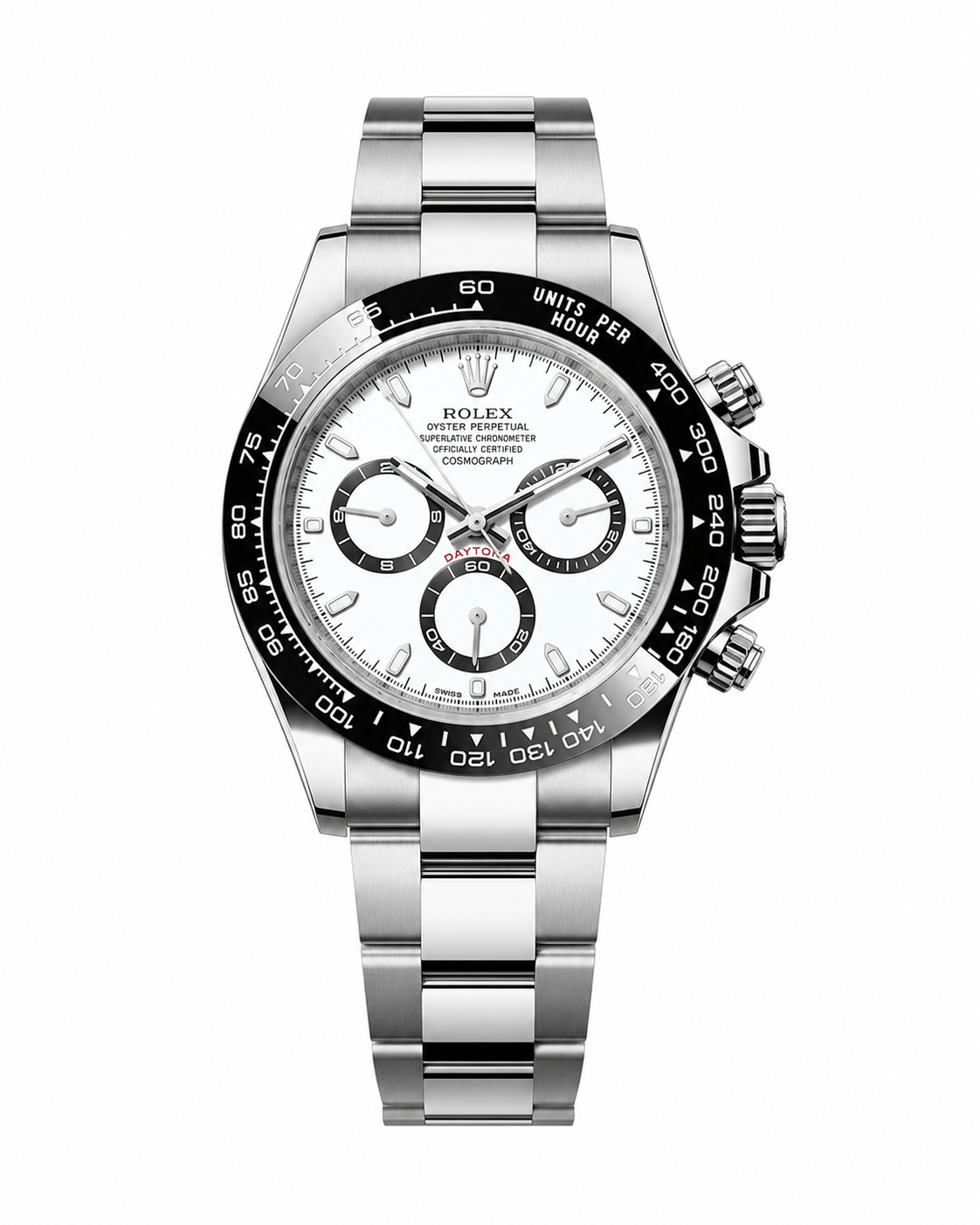 Steel Chronograph Watch – White Dial, Black Tachymeter Bezel