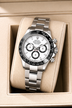 Steel Chronograph Watch – White Dial, Black Tachymeter Bezel