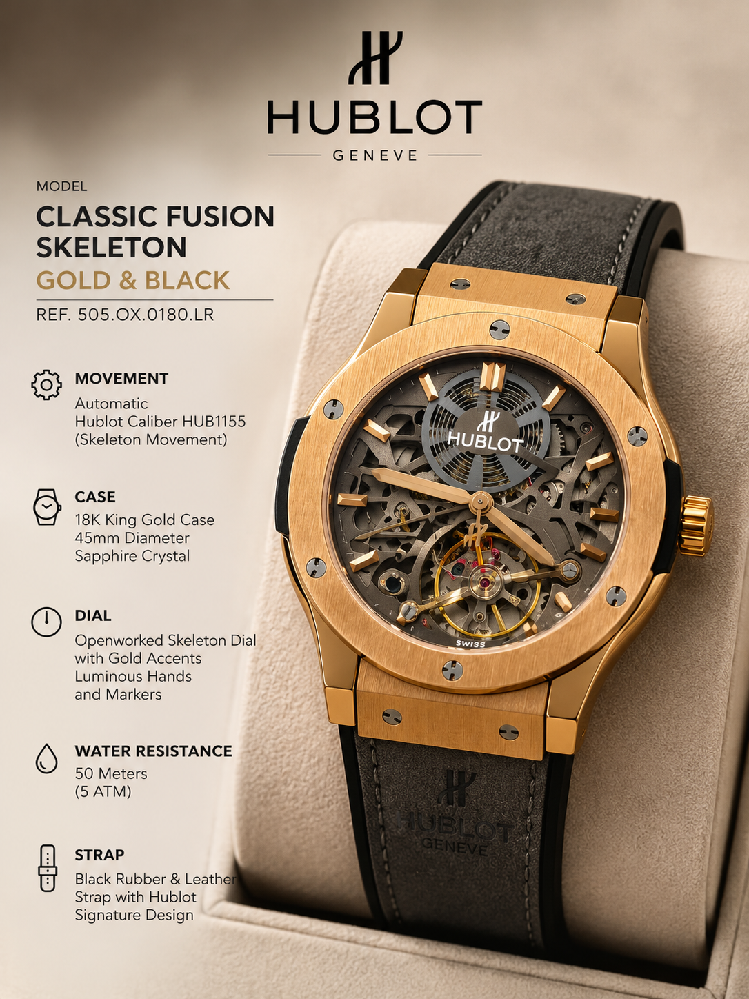 Rose Gold Skeleton Chronograph Watch – Grey Suede Strap