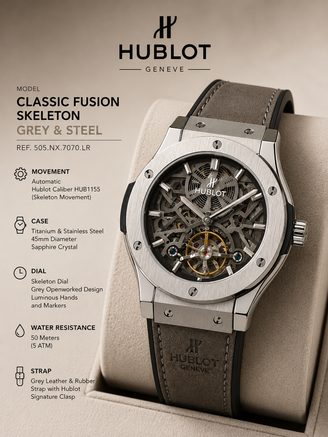 Steel Skeleton Chronograph Watch – Grey Suede Strap