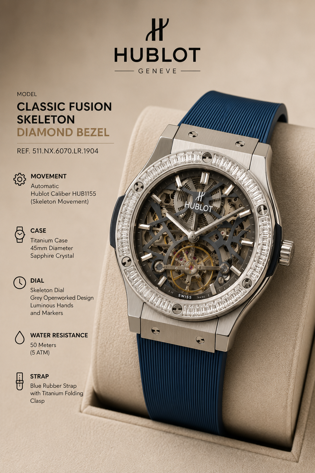 Blue Skeleton Chronograph Watch – Steel Case, Blue Rubber Strap
