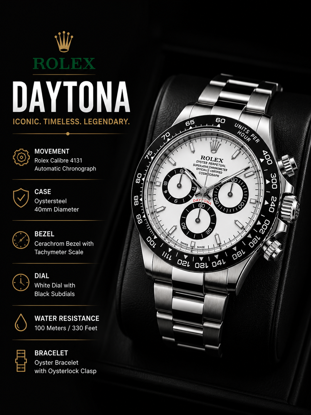 Steel Chronograph Watch – White Dial, Black Tachymeter Bezel