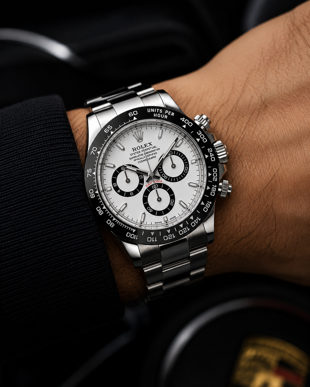 Steel Chronograph Watch – White Dial, Black Tachymeter Bezel