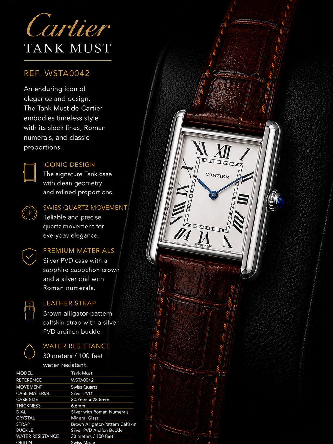 Cartier Tank Style Watch Leather | Luxury Rectangular Design | HS Store
