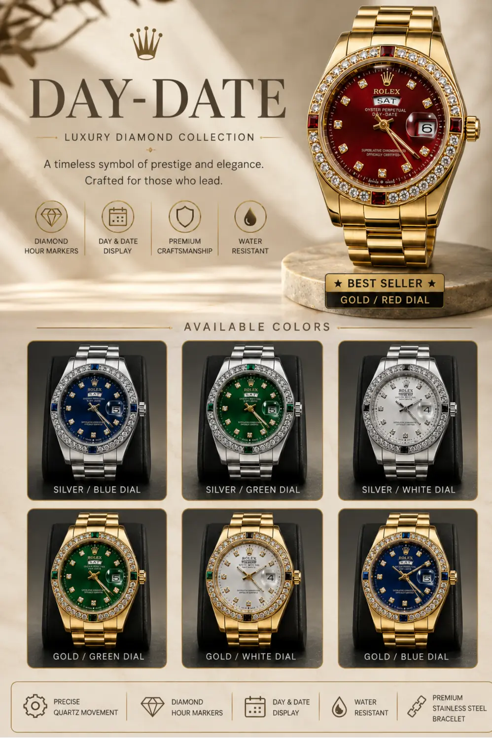 Rolex Day-Date | Luxury Stainless Steel Quartz Watch HS STORE