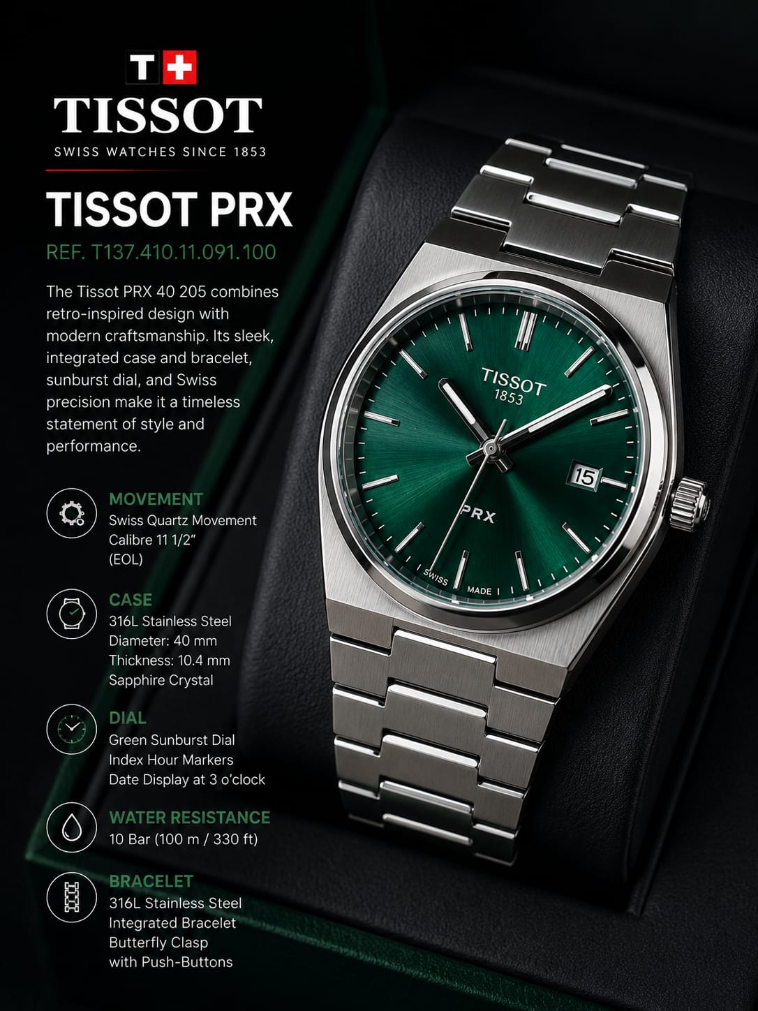 Tissot PRX Green Sunburst Watch