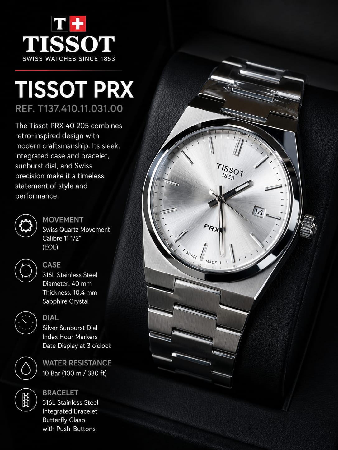 Tissot PRX Silver Sunburst Watch