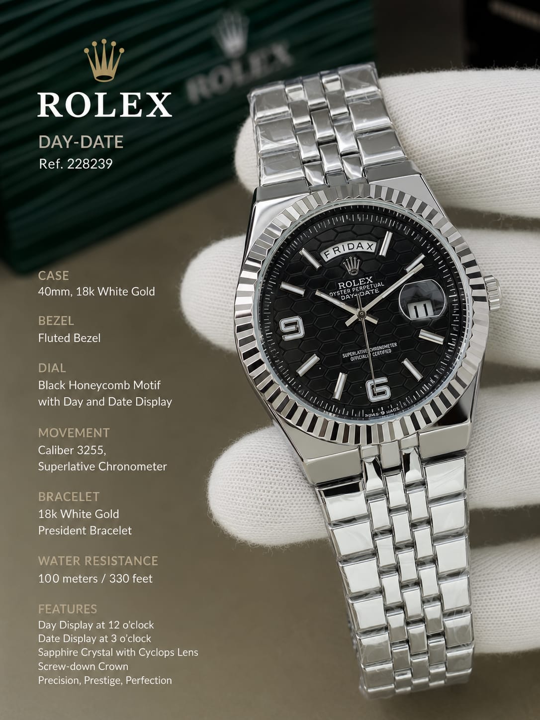 Rolex Day-Date White Gold Black Honeycomb Watch