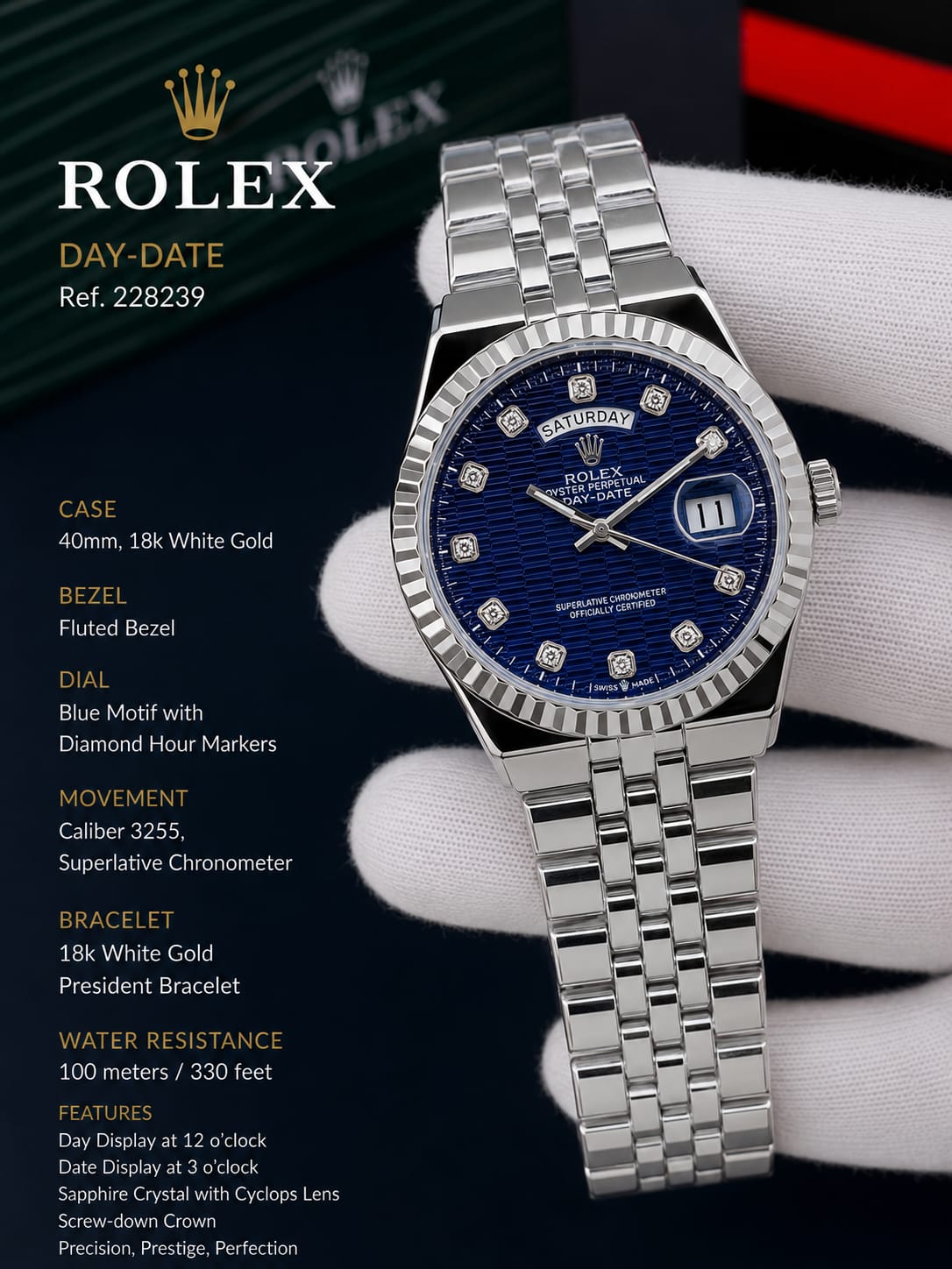 Rolex Day-Date White Gold Blue Motif Watch