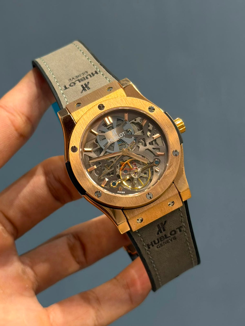 Rose Gold Skeleton Chronograph Watch – Grey Suede Strap