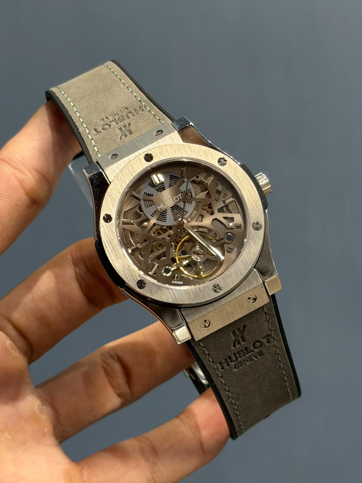 Steel Skeleton Chronograph Watch – Grey Suede Strap