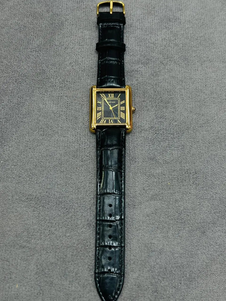 Cartier Luxury Gold Rectangular Black Leather Watch HS STORE