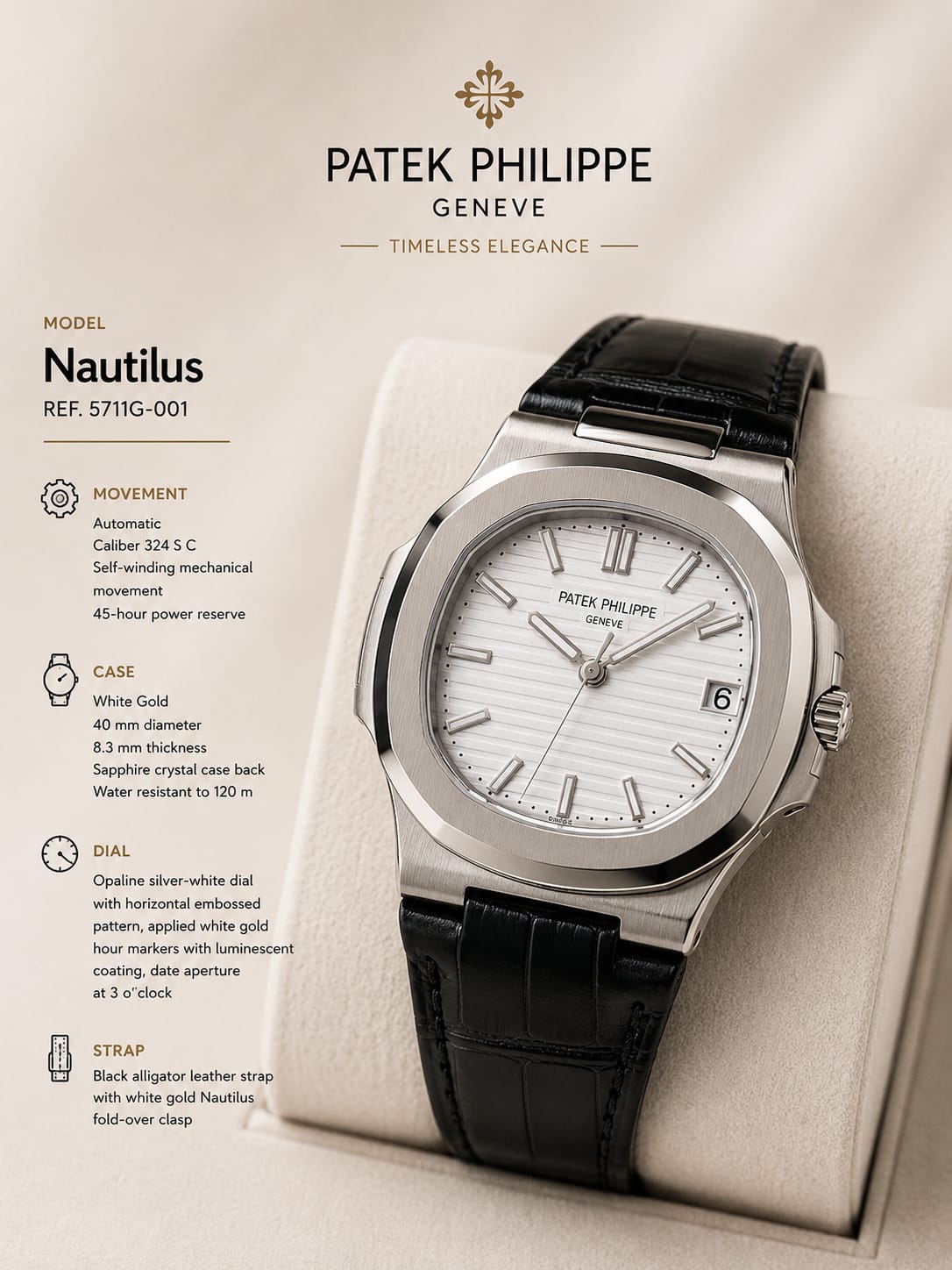 Patek Philippe Nautilus Style Leather Strap Watch