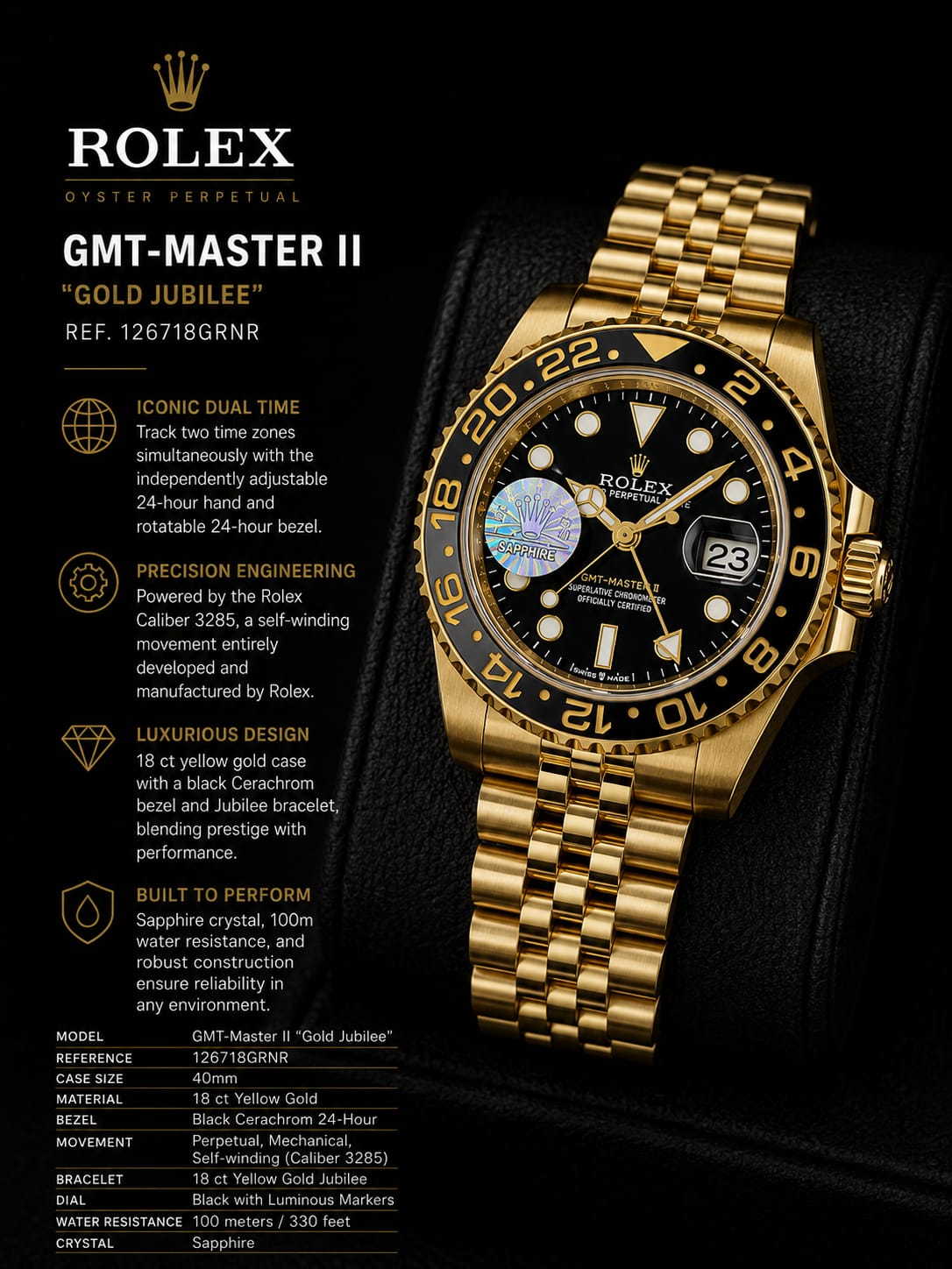 Rolex GMT Master II Gold Black Jubilee Watch | Luxury Automatic Style | HS Store