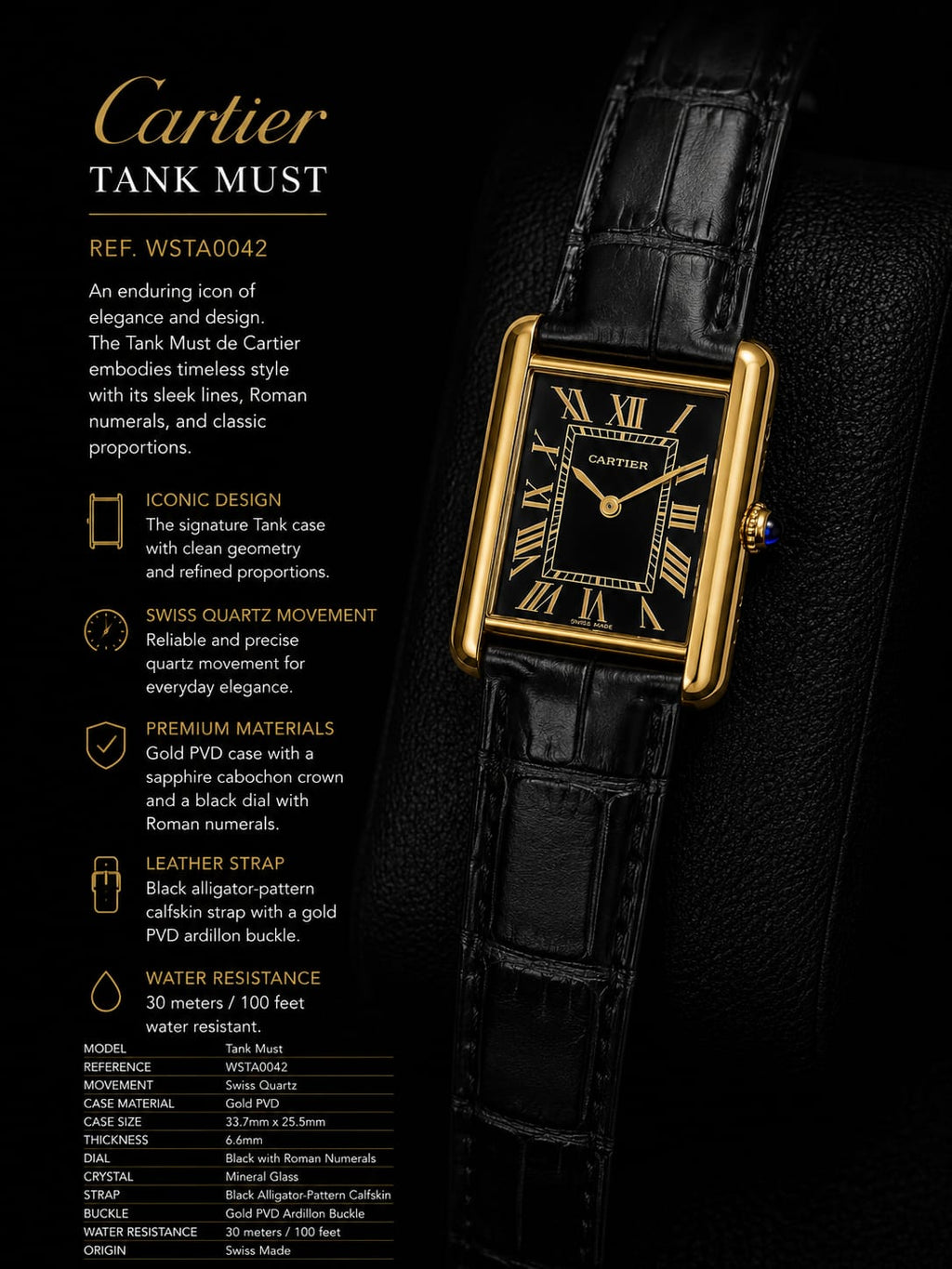 Cartier Style Watch Gold Rectangular Black Leather | HS Store