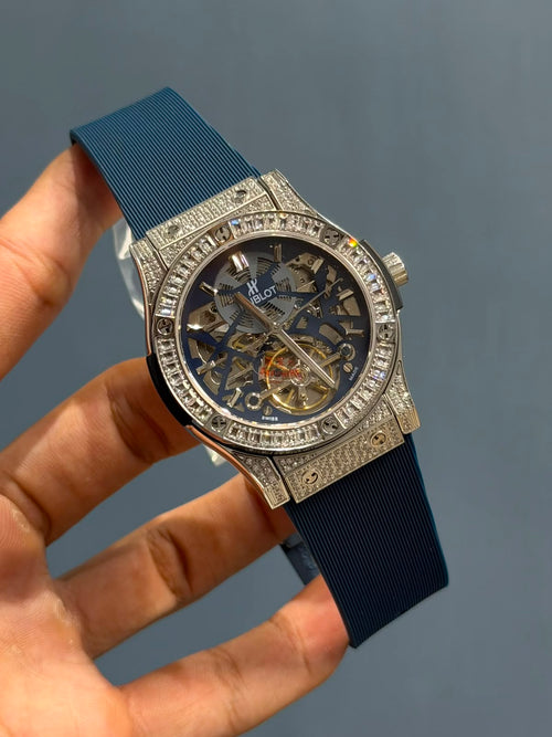 Blue Skeleton Chronograph Watch – Steel Case, Blue Rubber Strap