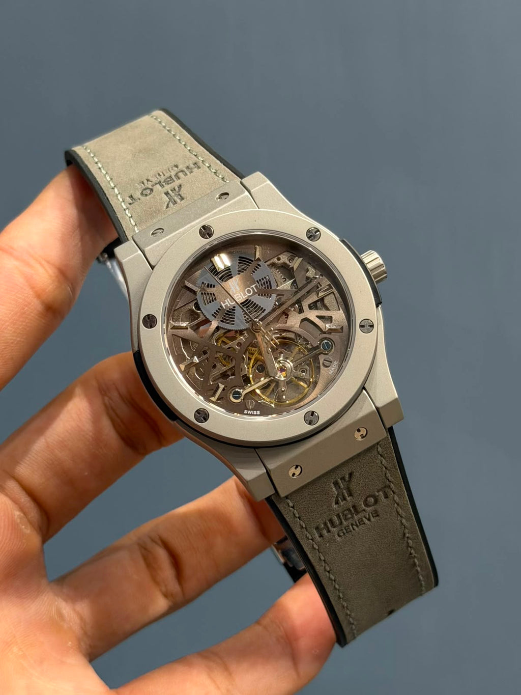 Classic Fusion Skeleton Grey Titanium Grey Leather Strap